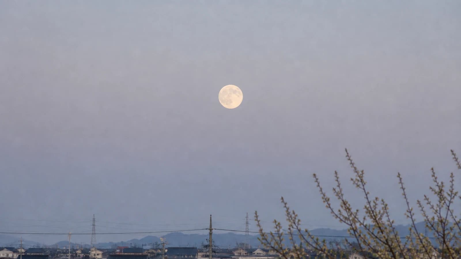 春の宵、やわらかくかすんだ空に浮かぶ満月