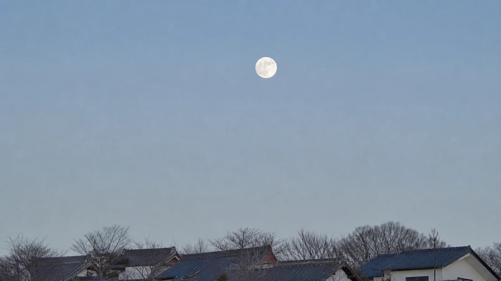 冬の澄んだ夜空、高い位置にのぼった満月