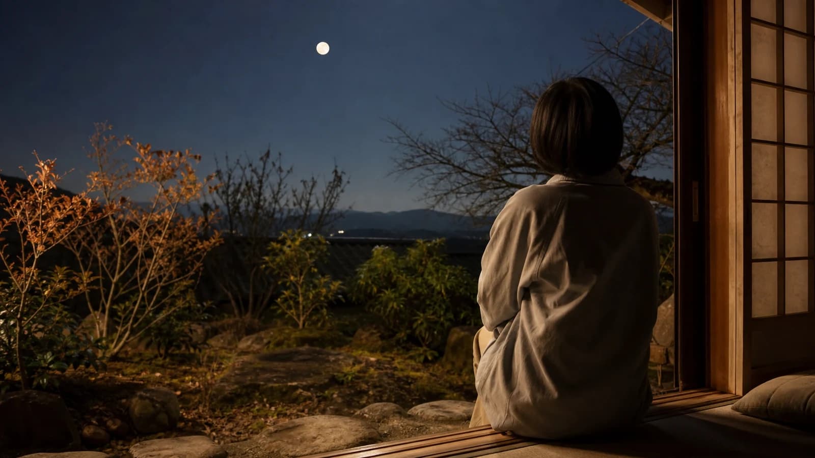 秋の夜、縁側や庭先から満月を見上げる人