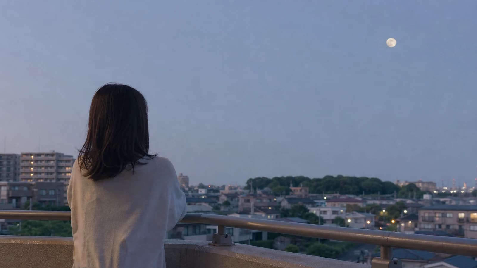 住宅街のベランダから、のぼりはじめた満月を見上げる人