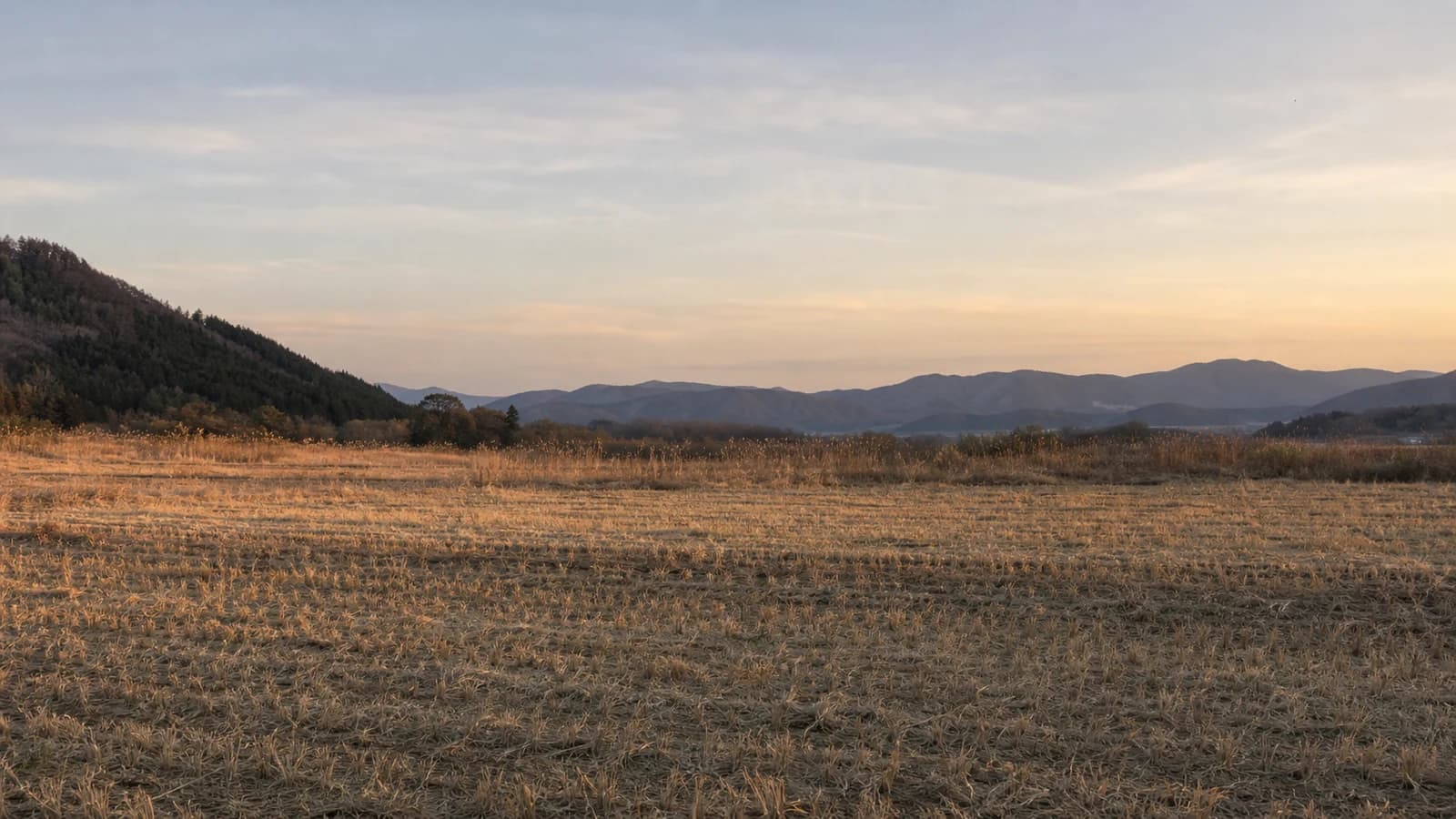 刈り入れの終わった秋の野原と、夕暮れの空