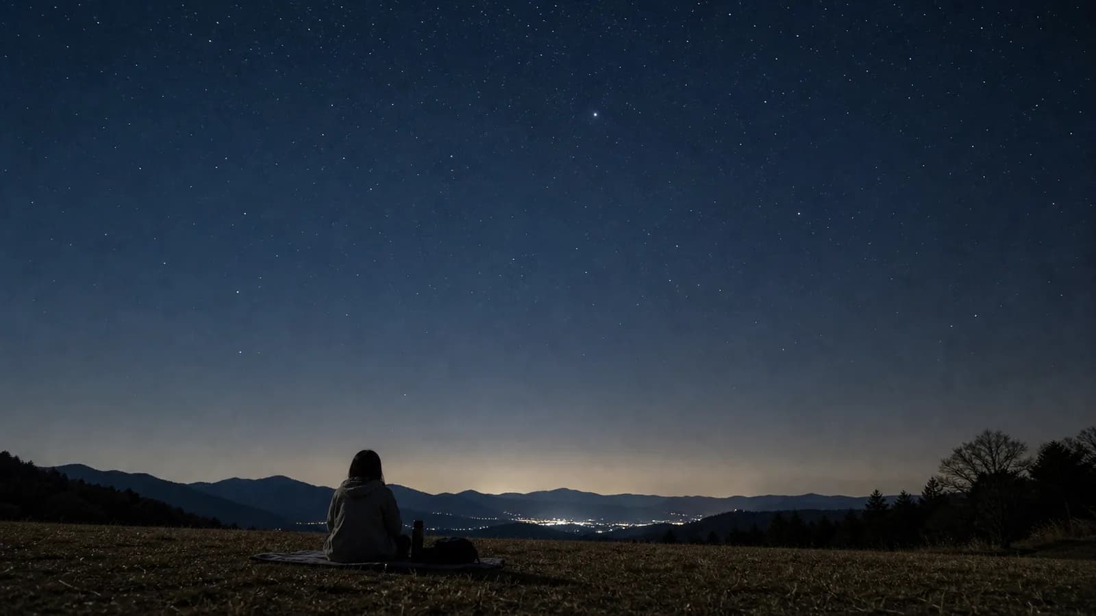街明かりから離れた開けた草地で、遠くの街明かりと星の多い夜空を静かに見上げている人。