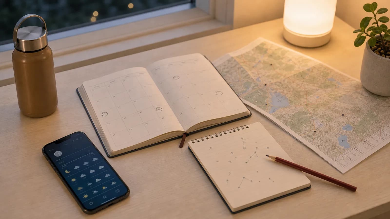 窓辺の机に、天気を確認するスマートフォン、印を付けたカレンダー、地図、星を書いたノートが置かれている。
