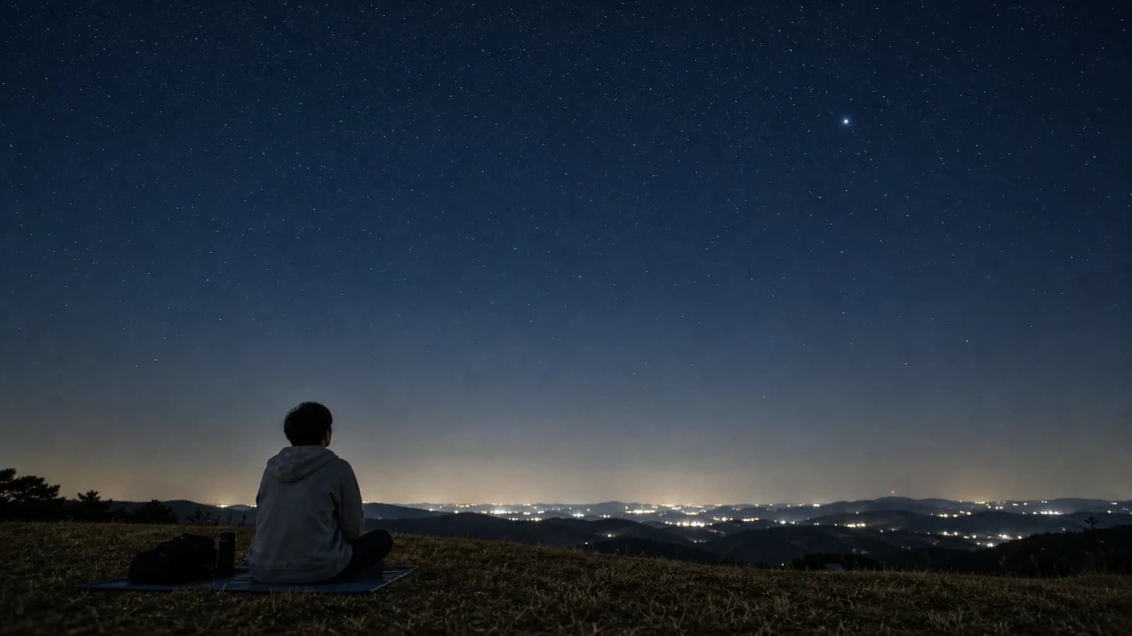 遠くに街明かりが見える開けた丘で、低い地平線と広い星空を見上げている人。
