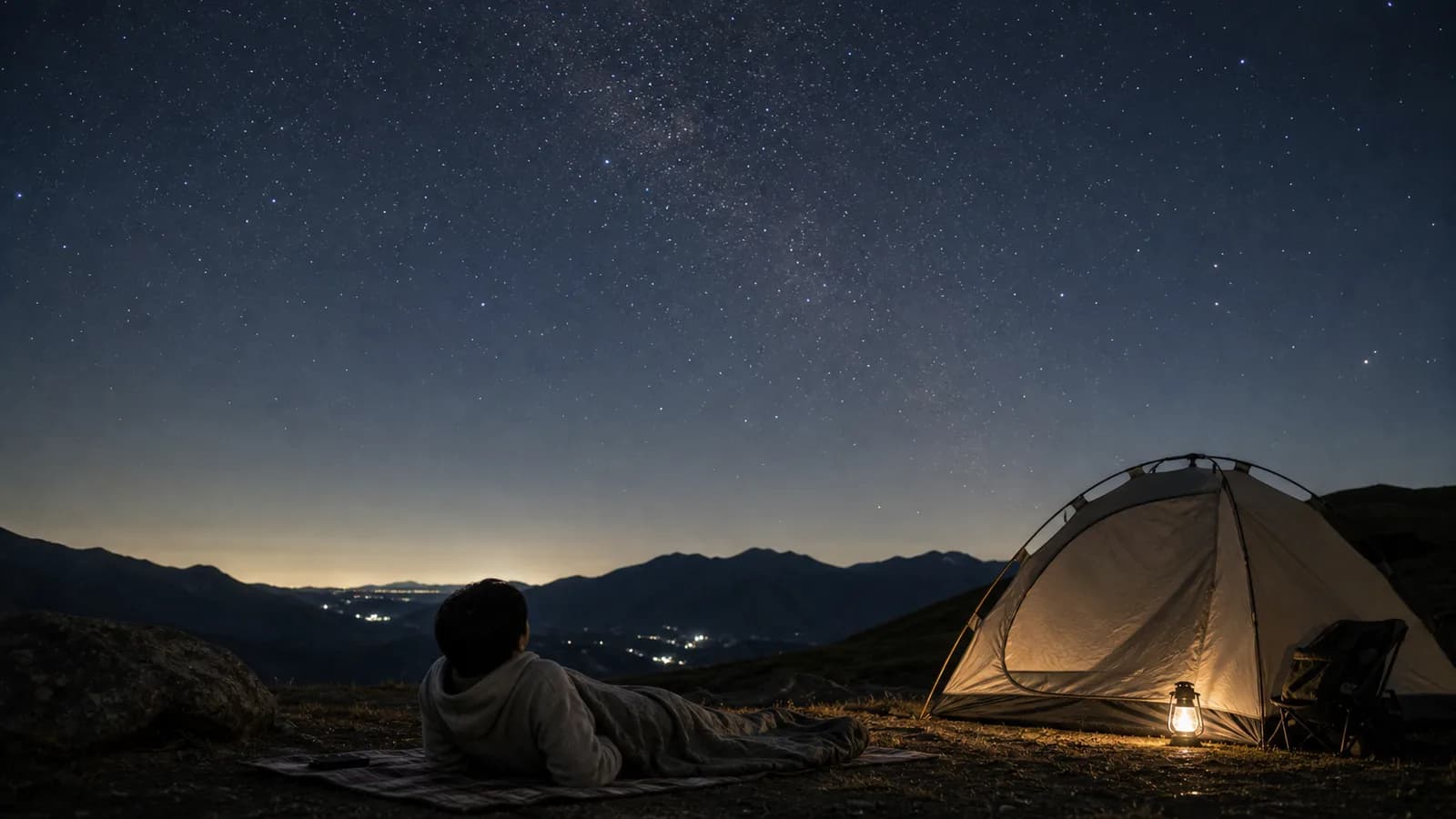 キャンプサイトのレジャーシートに寝転び、近くのテントの明かりを落として星空を見上げている人。
