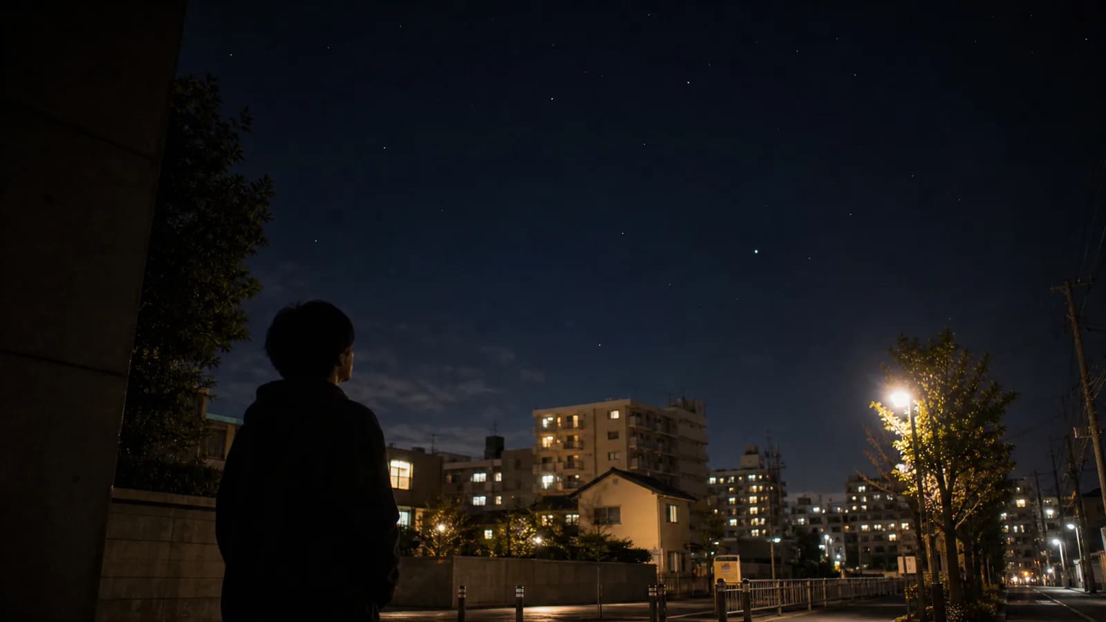 街灯の光を建物の影で避けながら、住宅街の高い夜空に見える明るい星を見上げている人。