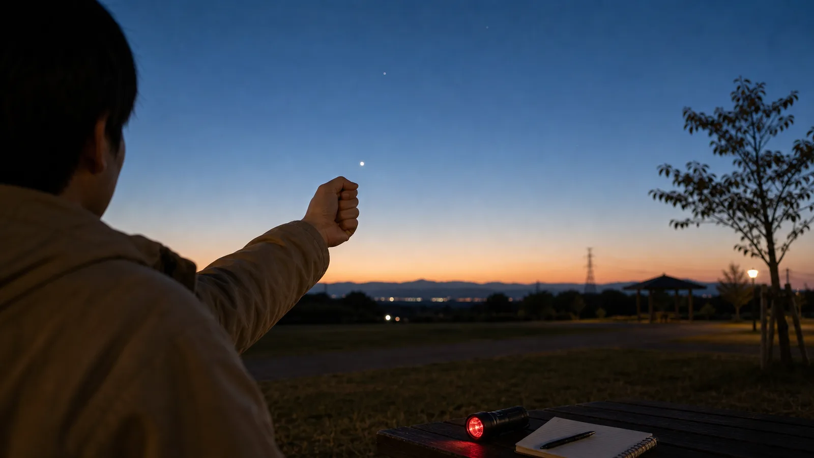 夕方の公園で、地平線の上に伸ばした腕の握りこぶしを使って、空の高さを見積もっている。