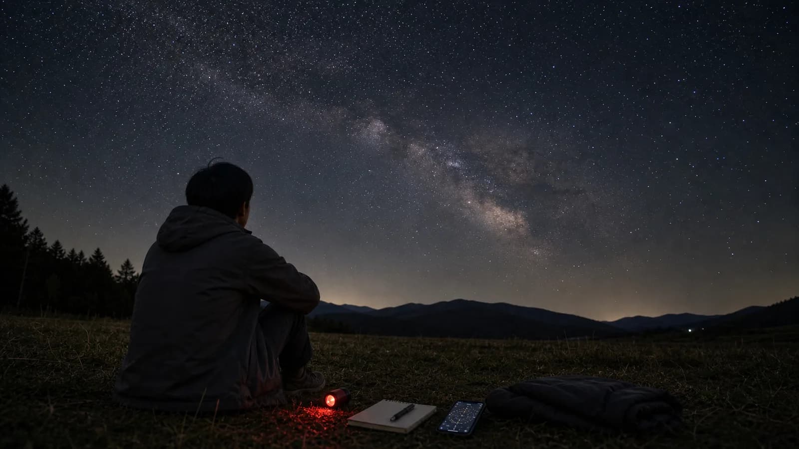暗い草地で、赤色ライト、ノート、上着、スマートフォンをそばに置き、淡い天の川が見える夜空を見上げている人。