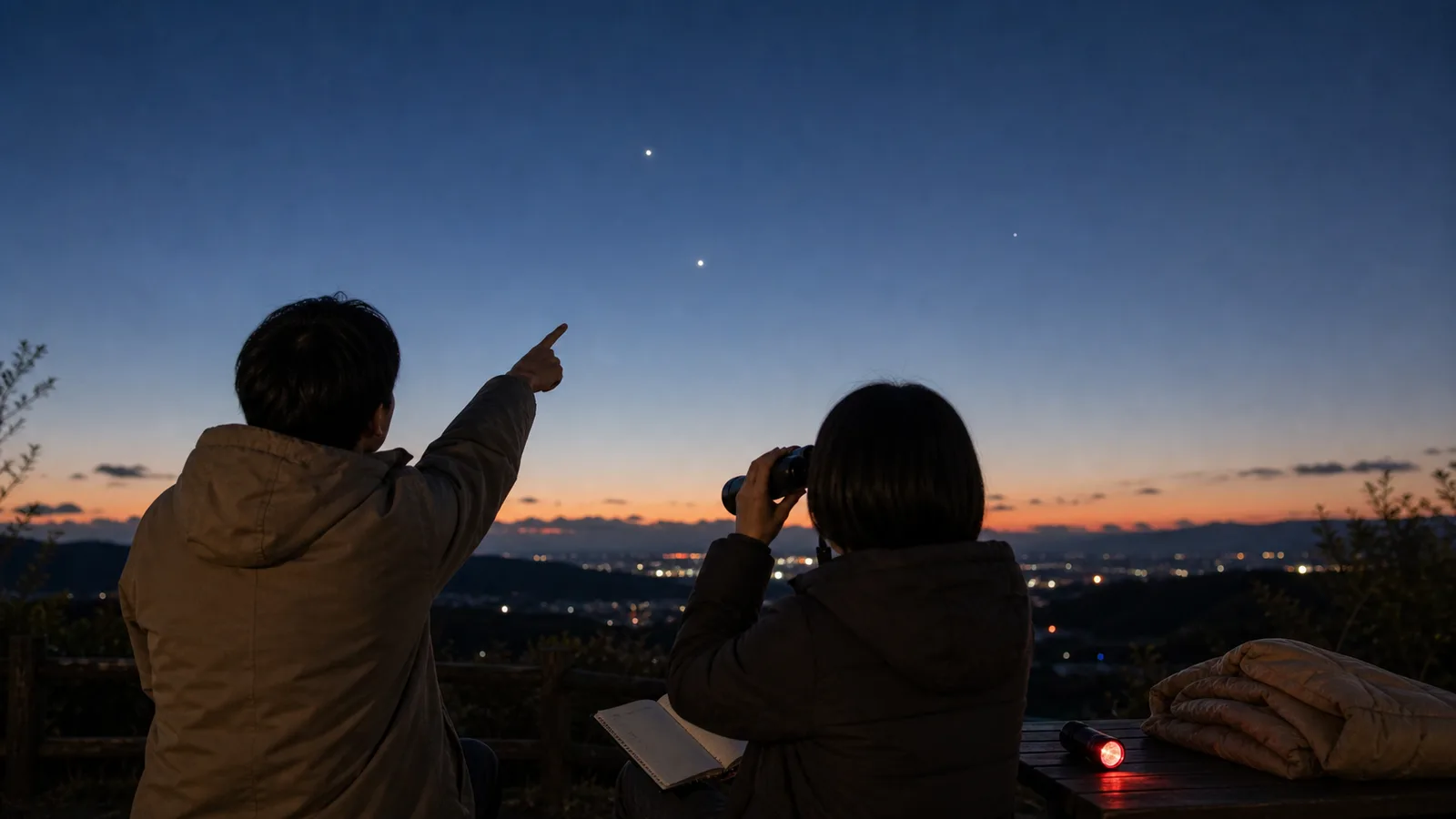 夕方の見晴らしのよい場所で、二人が双眼鏡とノートを手に、空の明るい点を指さして見比べている。