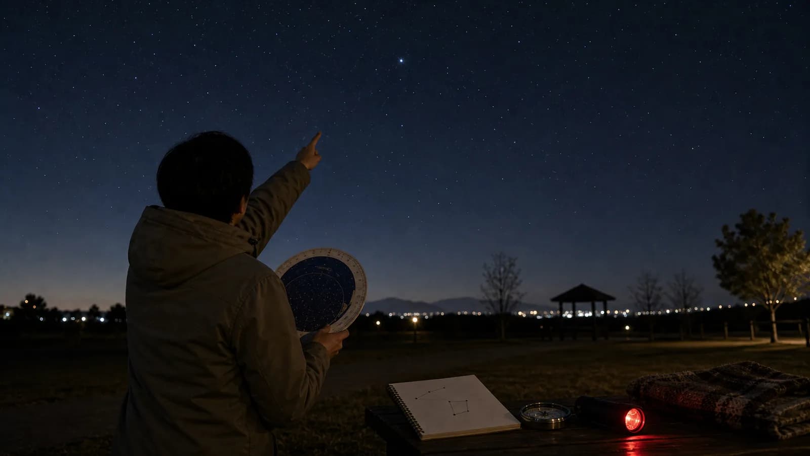 夜の公園で、星座早見盤とノート、コンパス、赤色ライトを使いながら、北の空を指さしている人。