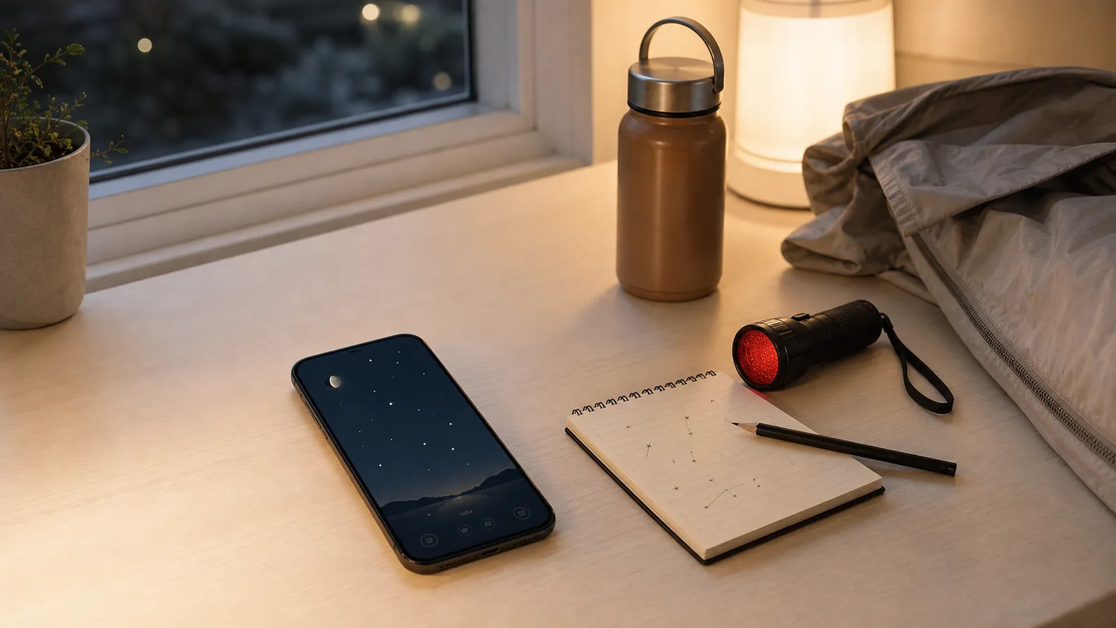 窓辺の明るい机に、星空ガイドを表示したスマートフォン、星を描いたノート、赤色ライト、防寒着、保温ボトルが置かれている。
