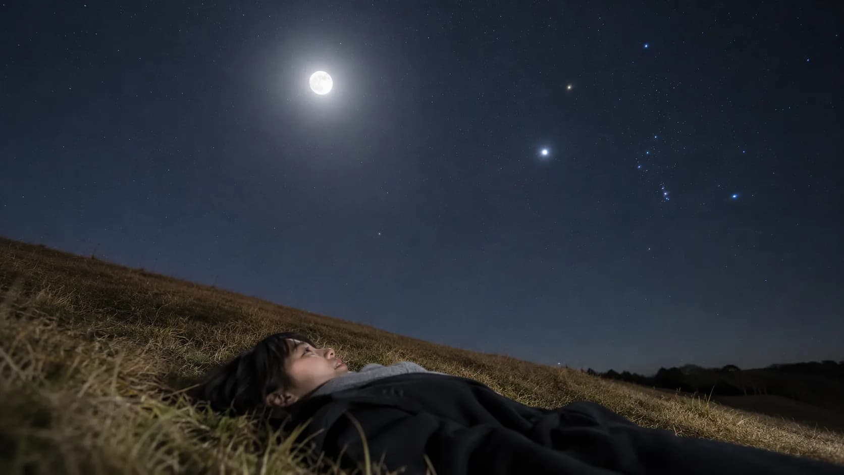 草地に寝転んで夜空を見上げる人。空の左上に明るい月、右側にはオリオン座など明るい星の並びが見える、街あかりの少ない暗い空。
