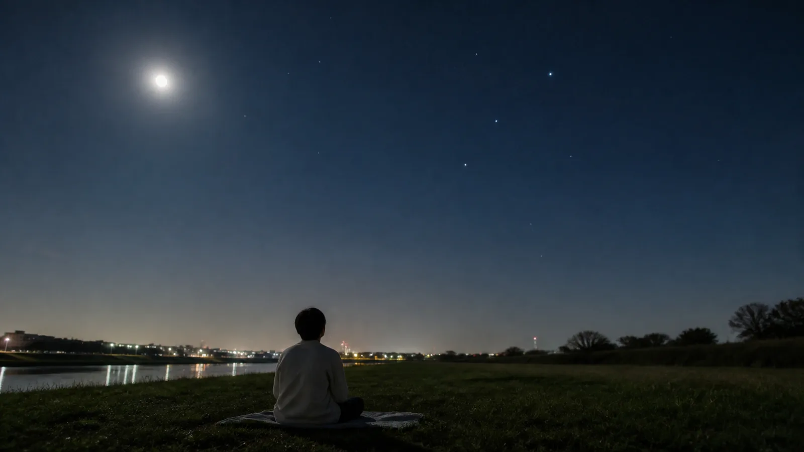 川沿いの草地に座って夜空を見上げる人。左上に明るい月、右側にいくつかの明るい星が見えている。