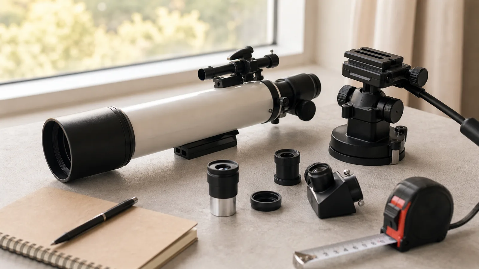 窓辺の机に、小型望遠鏡の鏡筒、架台、接眼レンズ、メモ帳、測定用の道具が並んでいる。