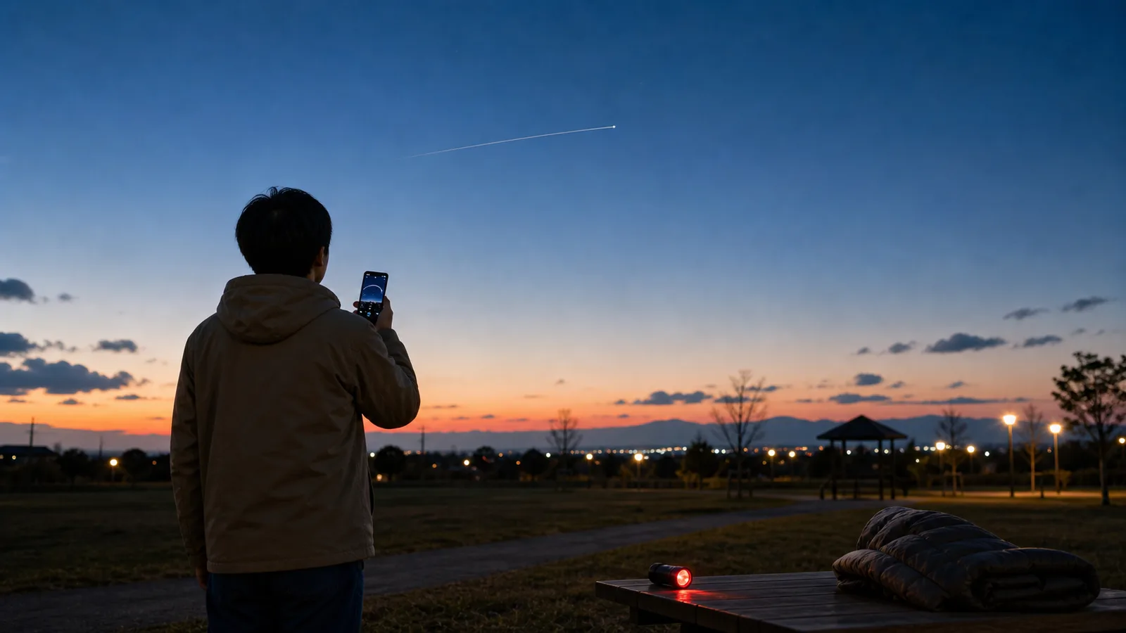 夕方の開けた公園で、スマートフォンを手にした人が、空を横切る白い光を見上げている。