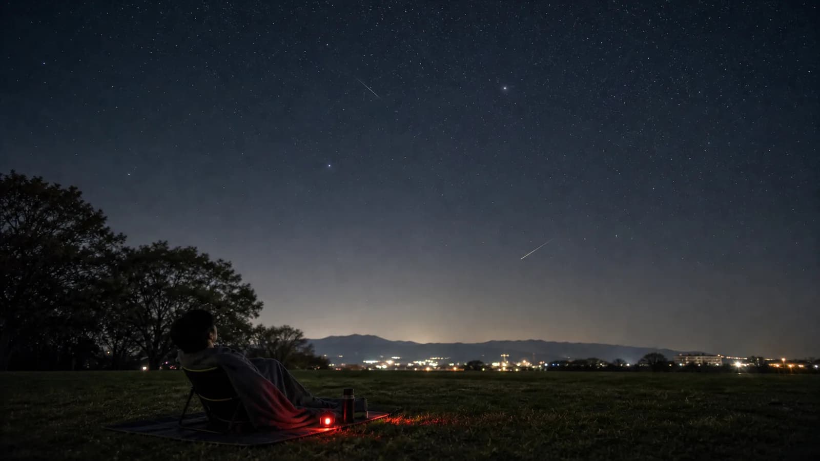 草地のリクライニングチェアに寝転び、赤色ライトをそばに置いて、流星が見える夜空全体を見上げている人。