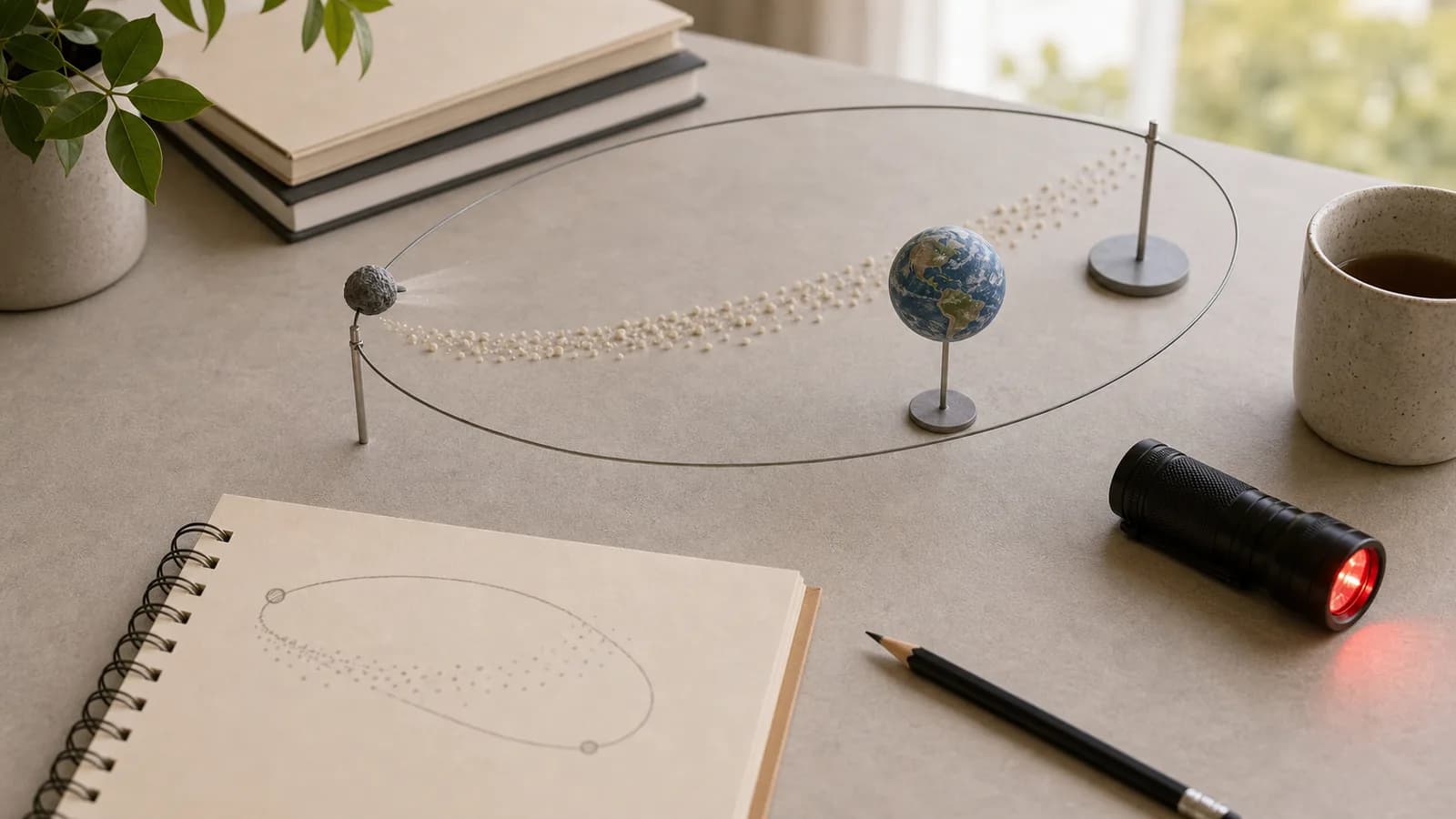 明るい机の上で、彗星に見立てた小石、曲線の軌道、細かな塵、小さな地球模型を使って流星群のしくみを説明している。