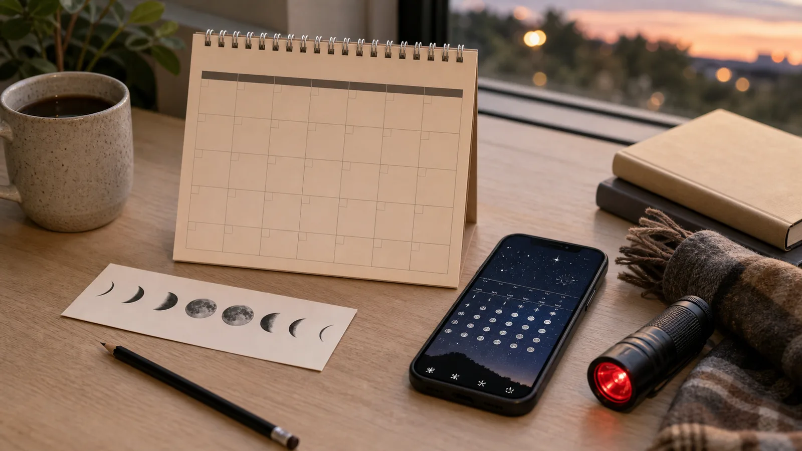 夕方の窓辺の机に、空欄のカレンダー、スマートフォン、月の形を描いたカード、赤色ライト、鉛筆、温かい飲み物が置かれている。
