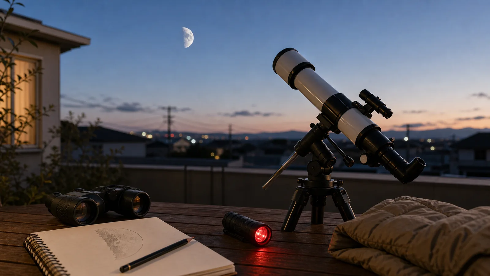 夕方のベランダで、小型望遠鏡と双眼鏡、半月を描いた観察ノート、赤色ライトを用意して月を見ようとしている。