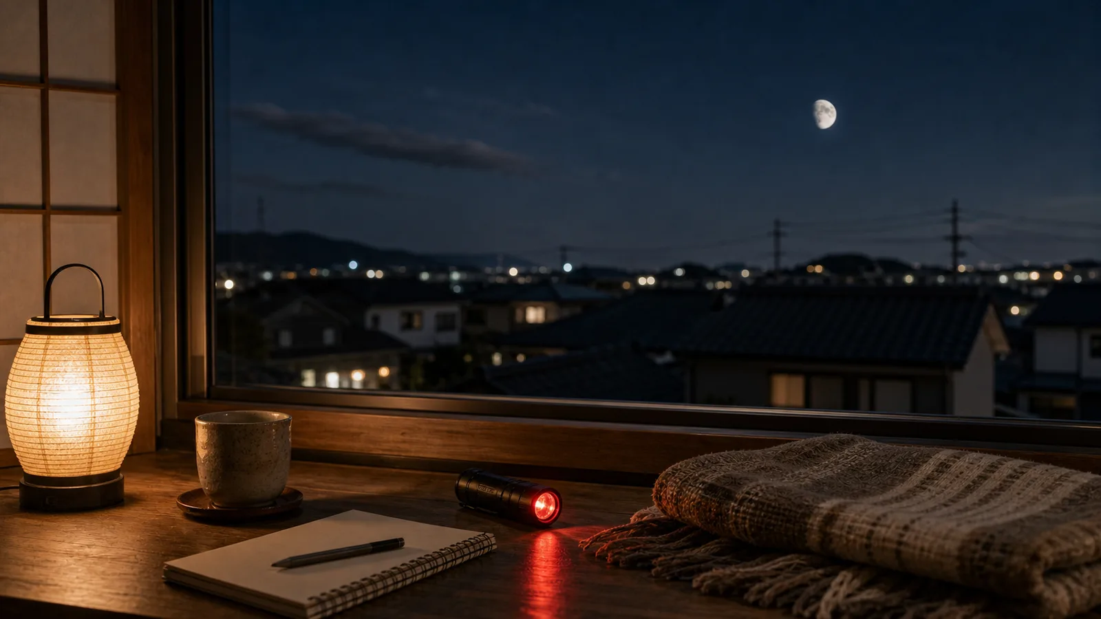 夜の窓辺に、あたたかい灯り、湯のみ、ノート、赤色ライト、ブランケットが置かれ、外の屋根の上に月が見えている。