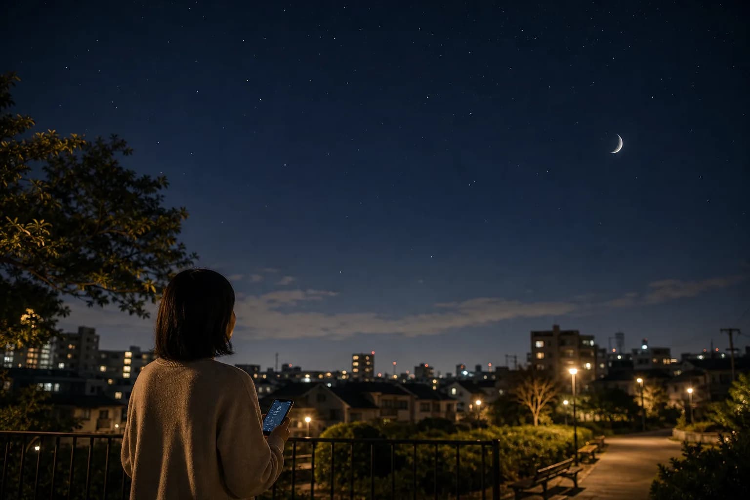 街あかりの残る住宅地で、スマートフォンを手に夜空を見上げる人。右上に細い三日月と、いくつかの星が見えている。