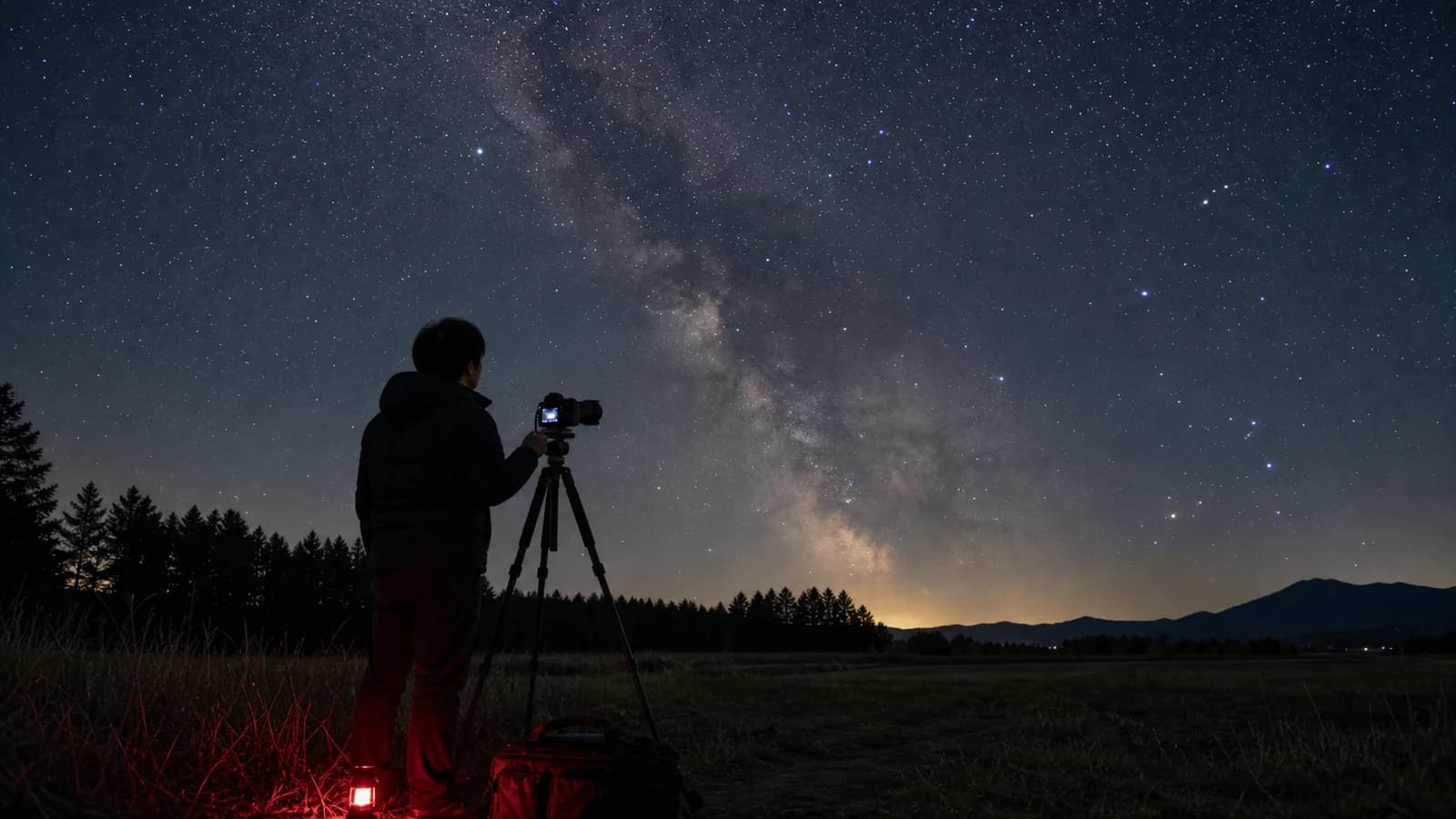 開けた草地で、三脚に固定したカメラの向きを確認しながら、星空と淡い天の川を撮影する準備をしている人。