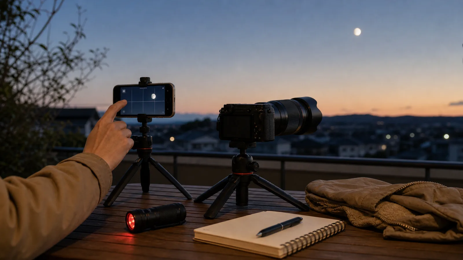 夕方のベランダで、三脚に固定したスマートフォンと望遠レンズ付きカメラを月に向け、手元でピントを調整している。
