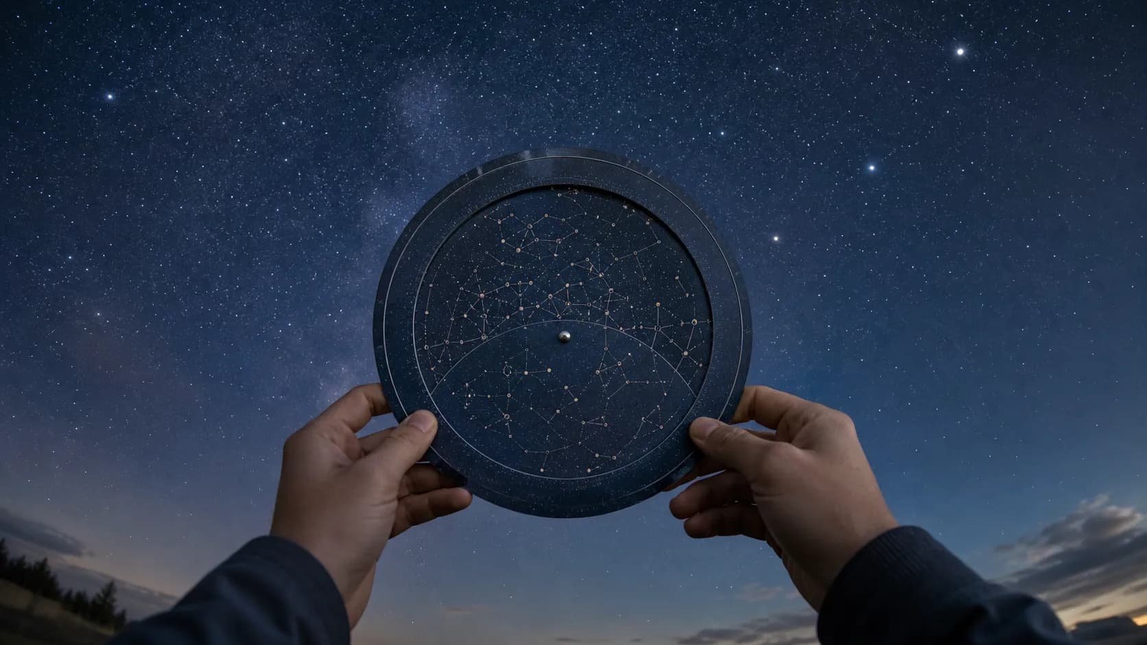 夜空の下で星座早見盤を手に持ち、空にかざして見比べているようす
