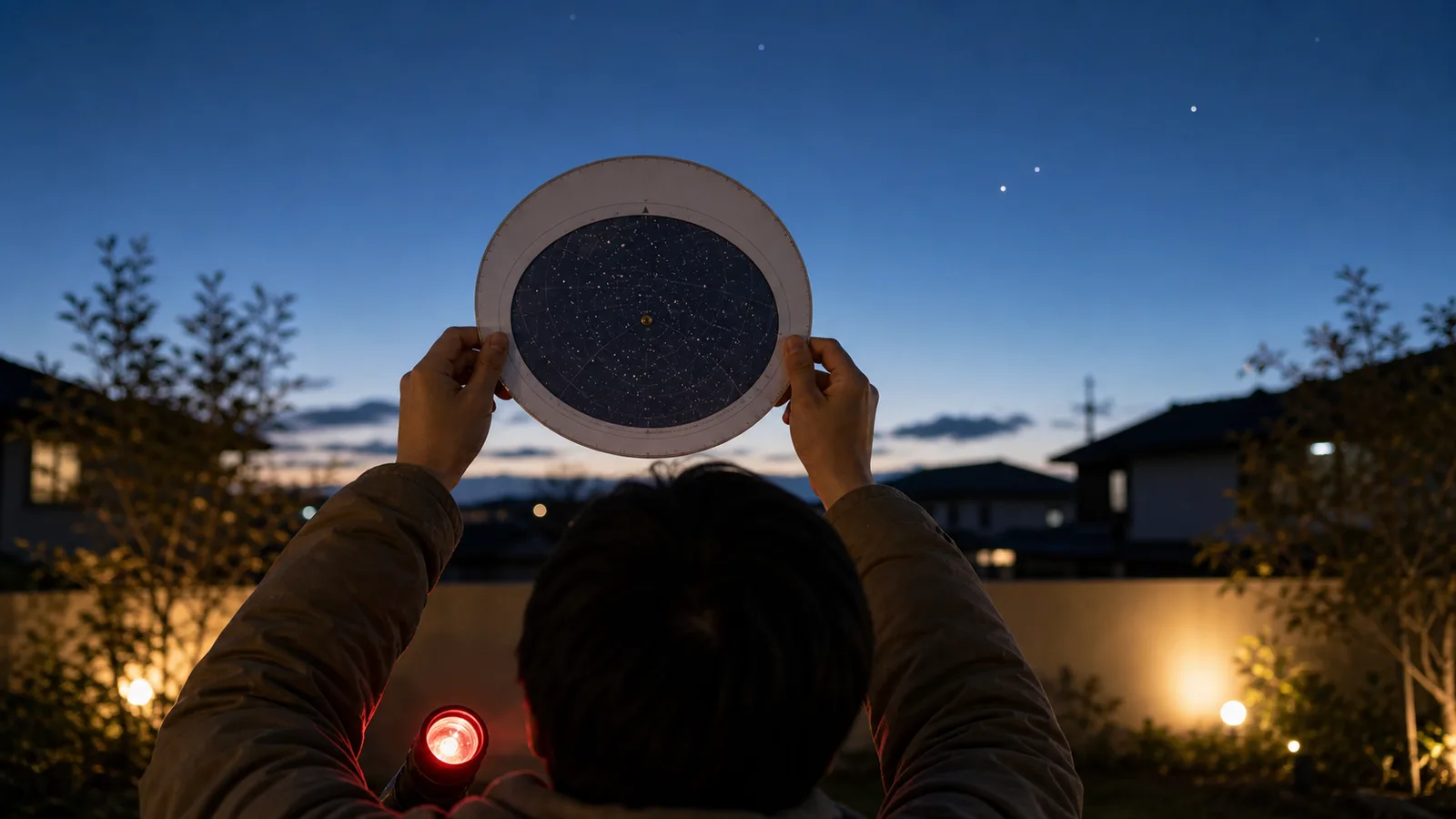 夕方の庭で、手に持った星座早見盤を頭上にかざし、実際の空と見比べている。