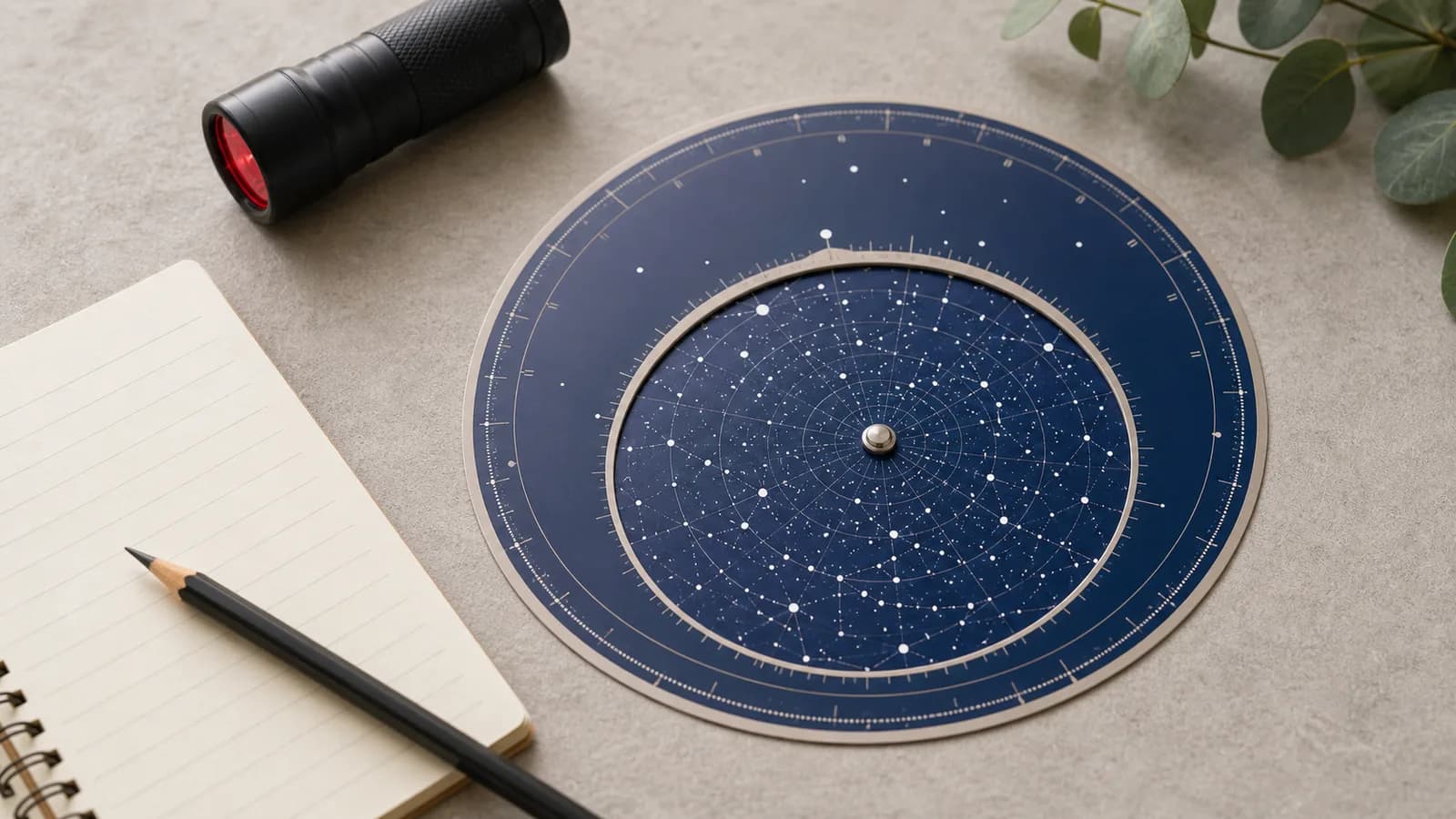 明るい机の上に、星座早見盤、赤色ライト、ノート、鉛筆が置かれている。