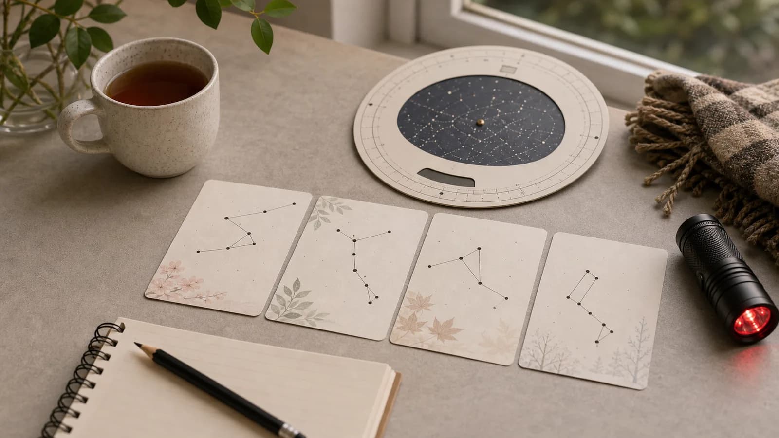 明るい窓辺の机に、季節ごとの星の形を描いた4枚のカード、星座早見盤、ノート、鉛筆、赤色ライトが並んでいる。