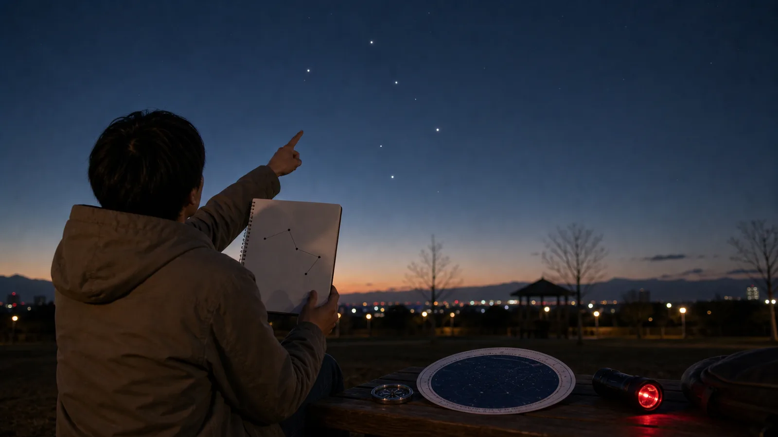 夕方の公園で、星を点と線で描いたノート、星座早見盤、コンパス、赤色ライトを使いながら空を指さしている人。