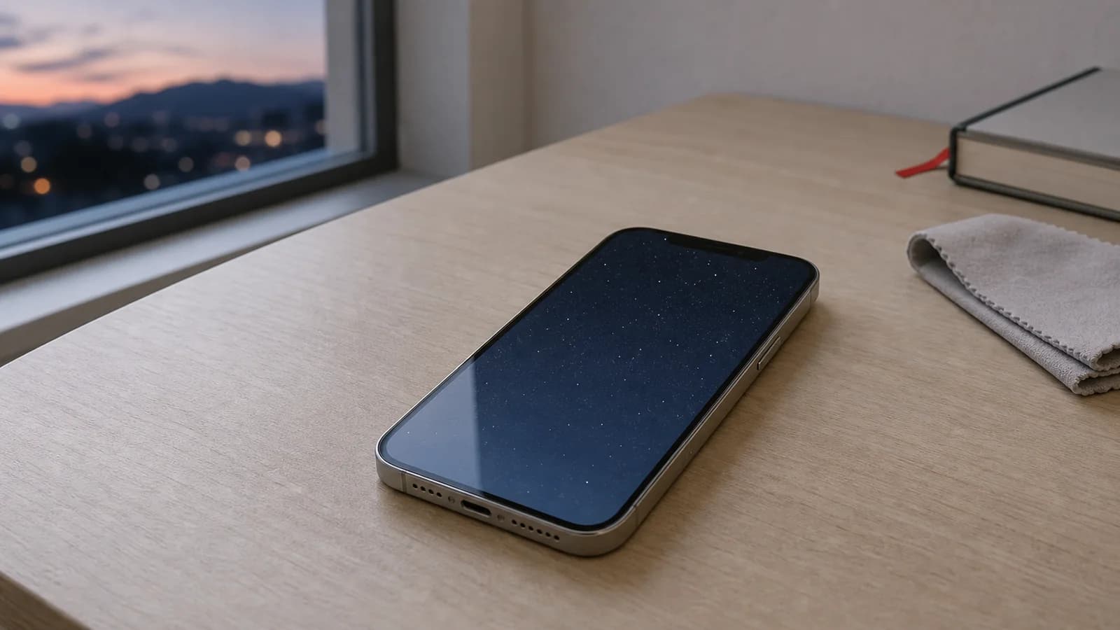 机に置いたiPhoneの画面に、星空の撮影プレビューが表示されている写真風ビジュアル