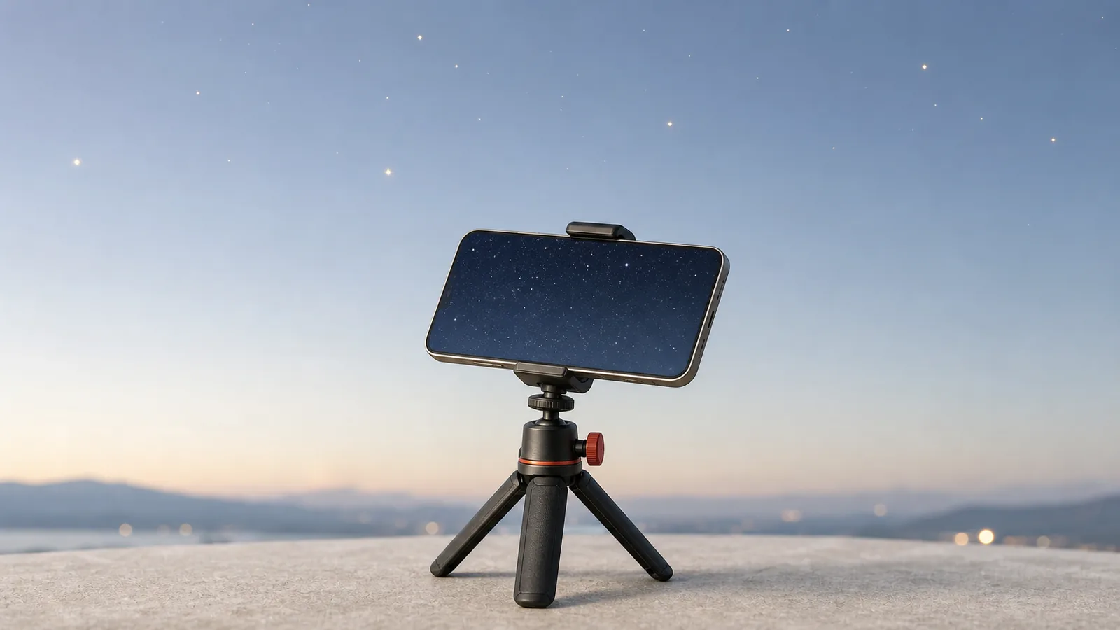 小型三脚に固定したスマートフォンを夜空へ向け、星が点として写るまでを表した図解