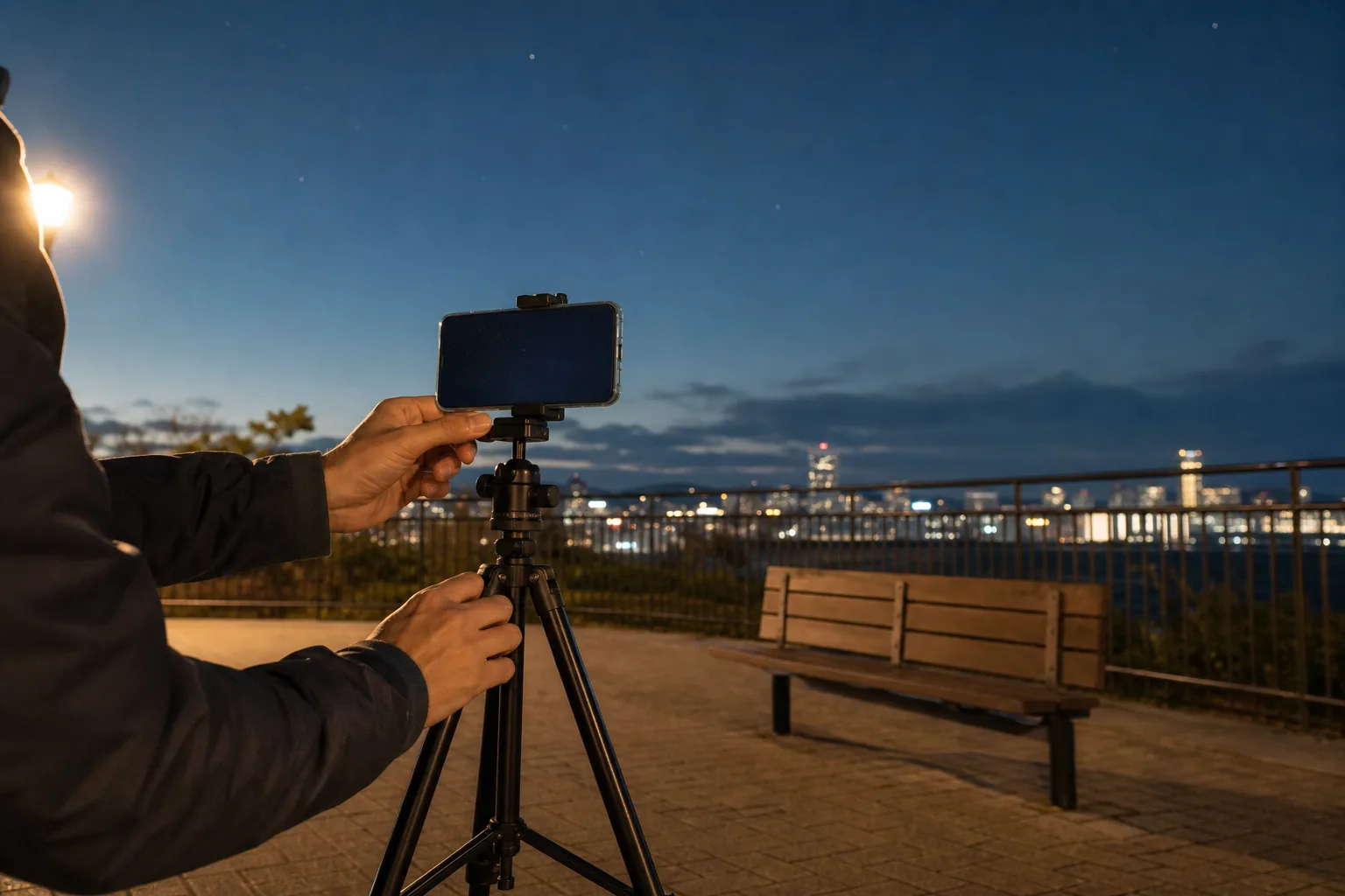 三脚に固定したスマートフォンで夜空の撮影準備をする様子