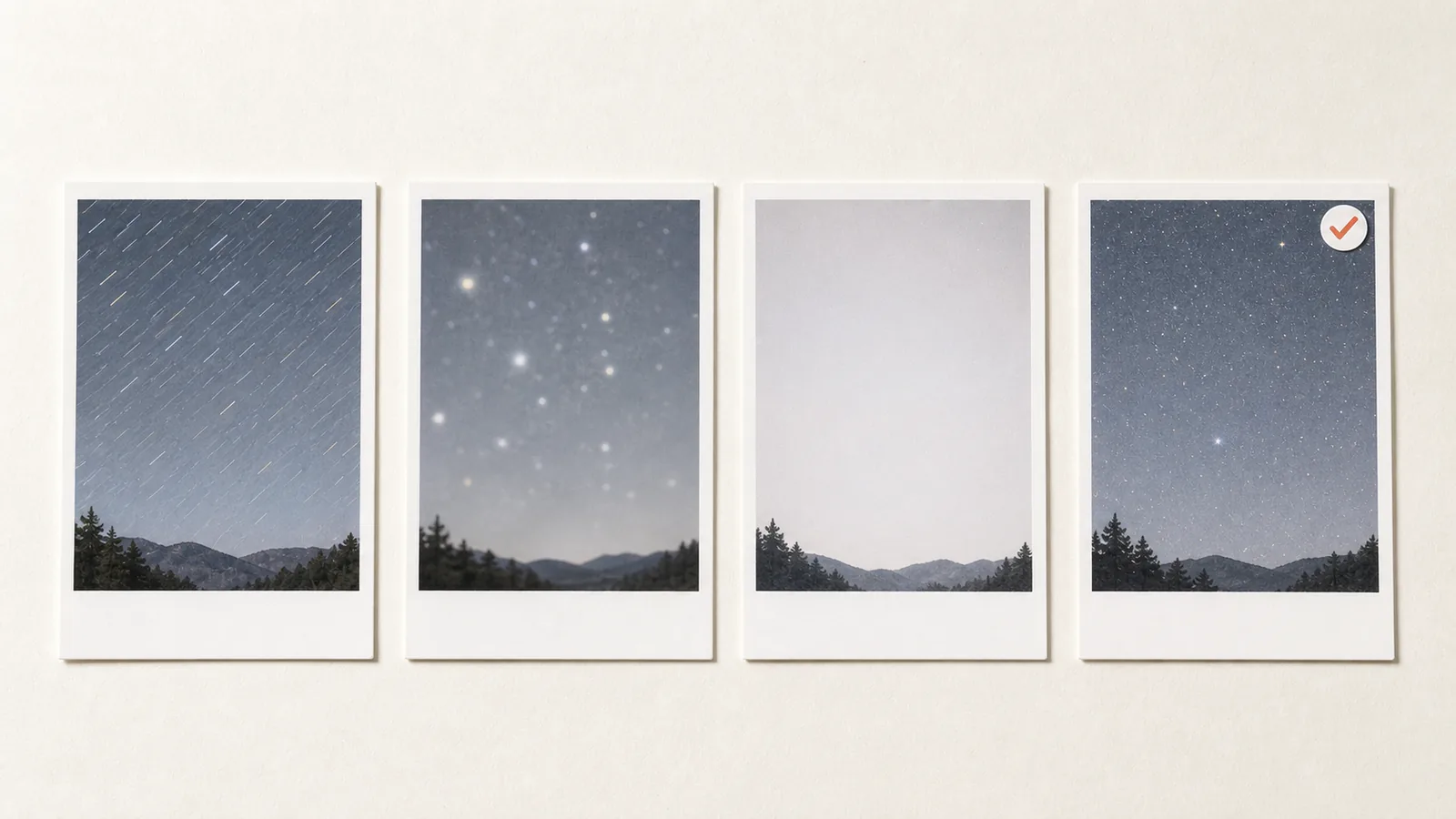 星が線・ぼやけ・空が白い、という3つの失敗例と、点に写った成功例を並べた比較図