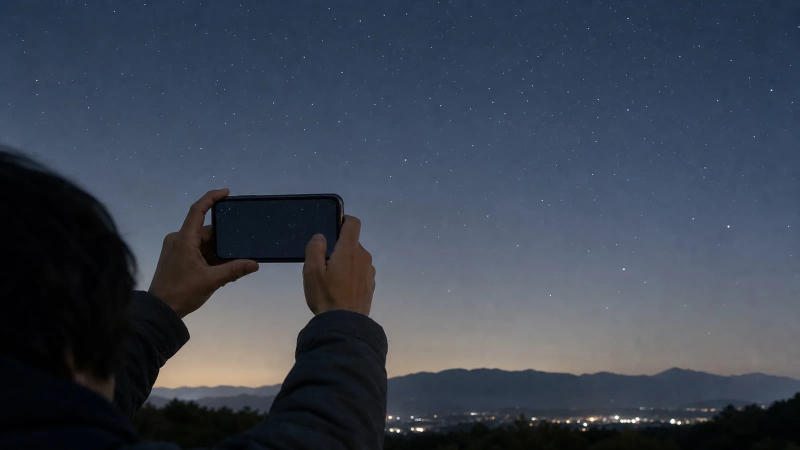 星空へ向けてスマートフォンを手持ちで構えている写真風ビジュアル