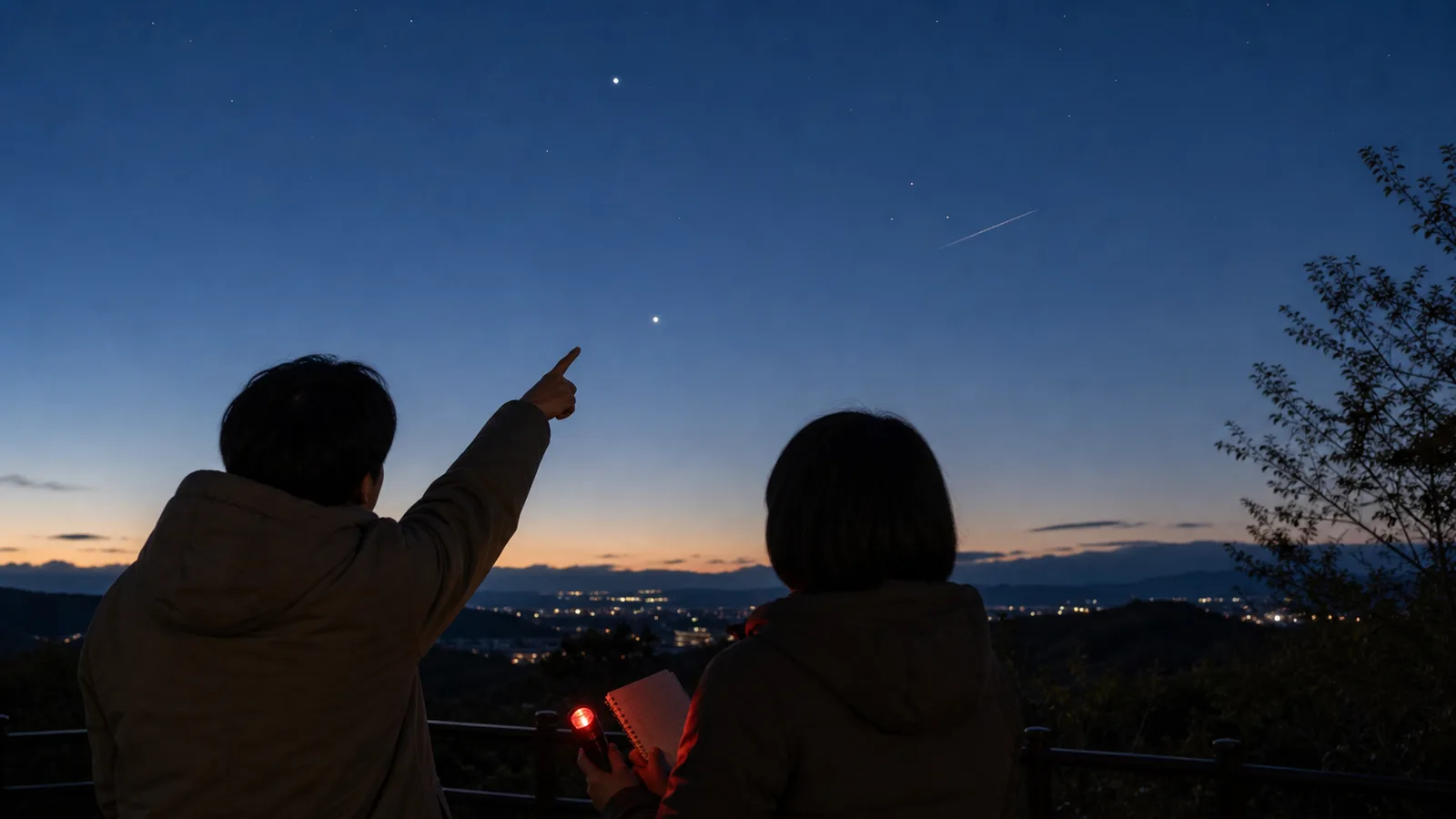 夕方の見晴らしのよい場所で、二人が夜空の光を指さしながら、ノートと赤色ライトを手に見比べている。