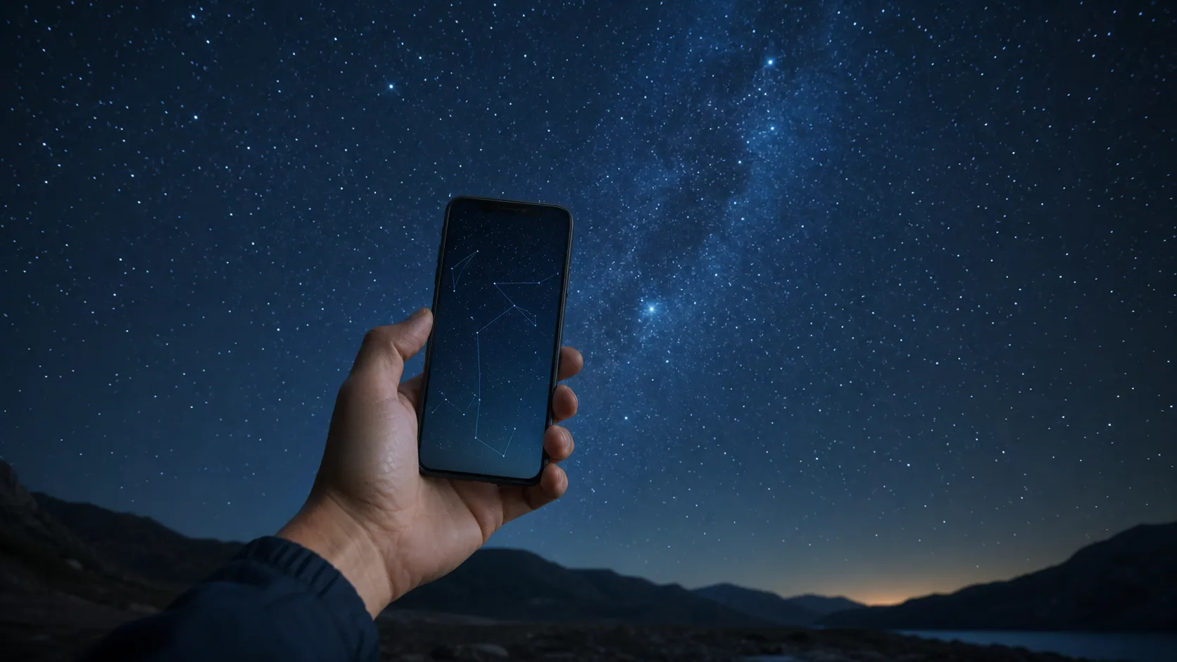 夜空にかざしたスマホの画面に、その方向の星座が重なって表示されている様子