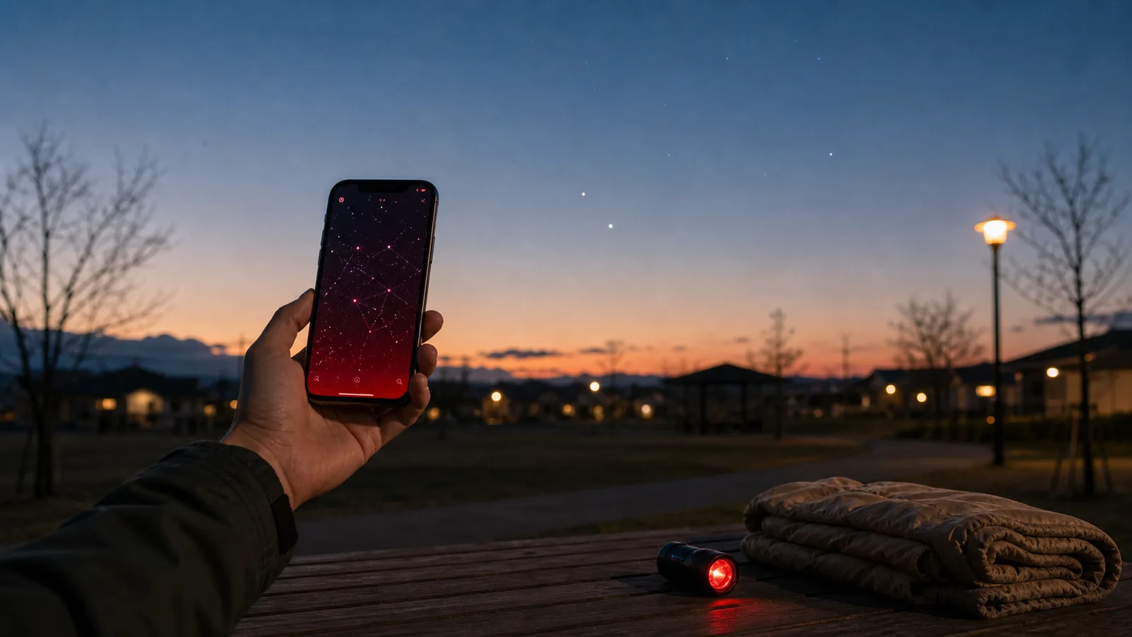 夕方の公園で、星空アプリを開いたスマートフォンを空にかざして、実際の星と画面を見比べている。