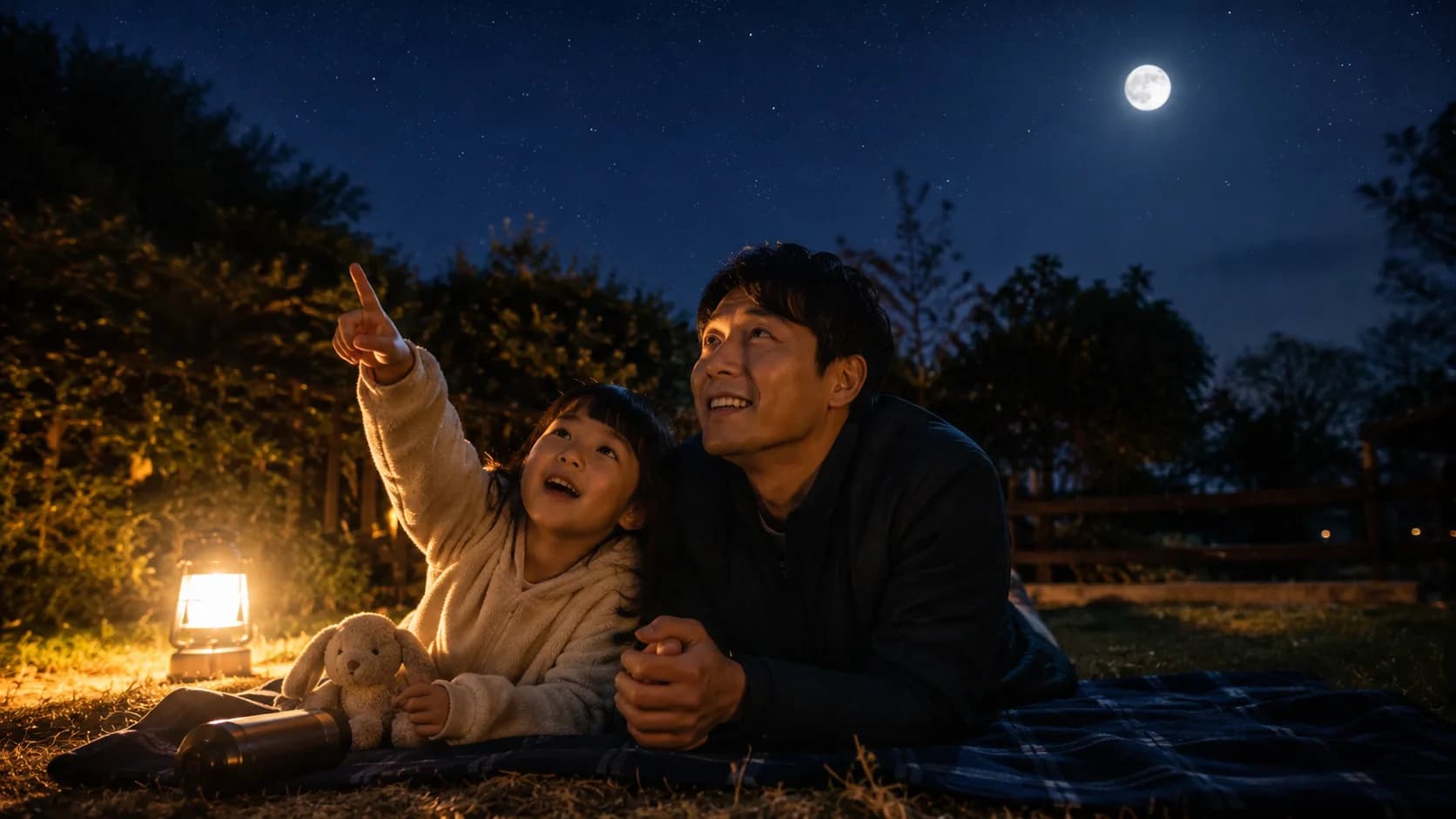 庭の敷物に寝転んで夜空を見上げる親子。子どもが空を指さし、右上に満月が見える。そばにランタンとぬいぐるみが置かれている。