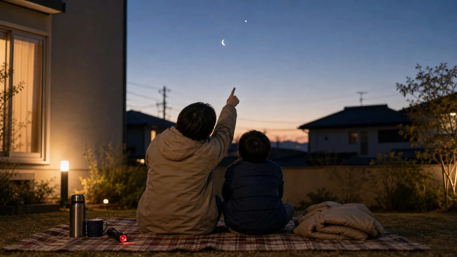 夕方の住宅地の庭で、親子がレジャーシートに座り、月と明るい星を指さして見上げている。