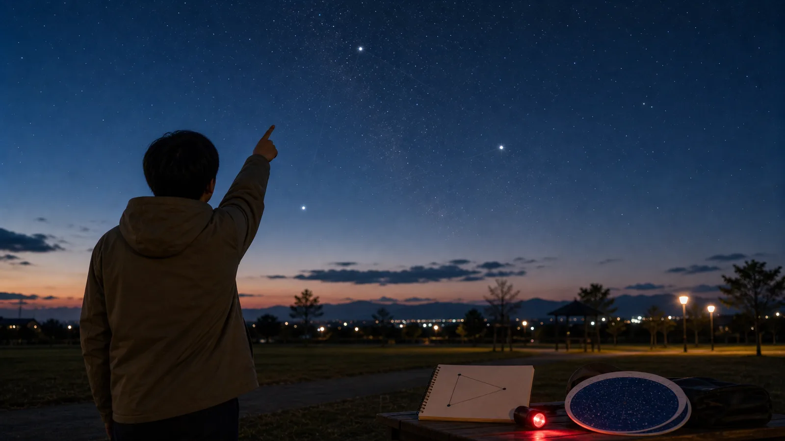 夏の夕方の公園で、ノートに描いた三つの点を結ぶ形を見ながら、空の高い位置にある明るい星を指さしている人。