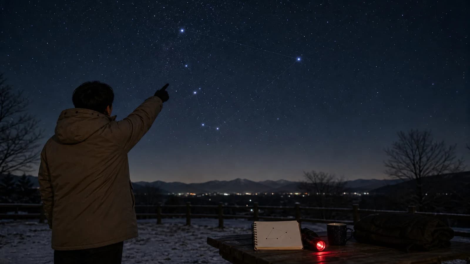 冬の公園で、防寒着の人がノートの星の点を見ながら、三つ並んだ明るい星と周囲の星を指さしている。
