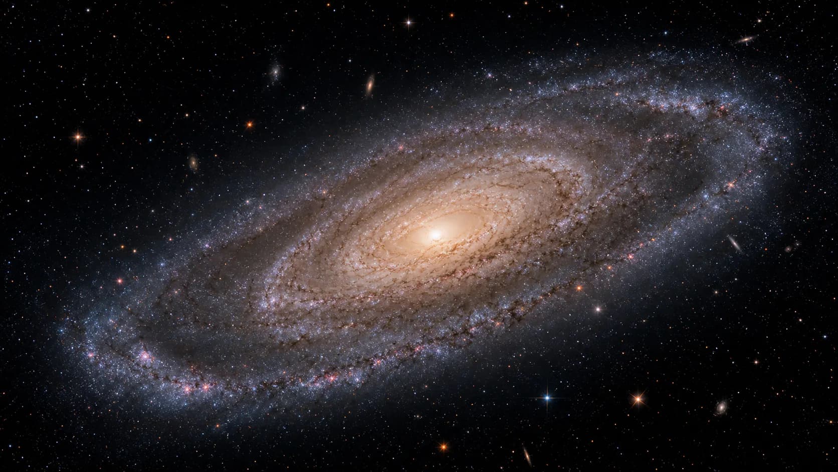 無数の星と遠方銀河の中に、明るい中心核と渦巻き腕を広げる大きな渦巻銀河