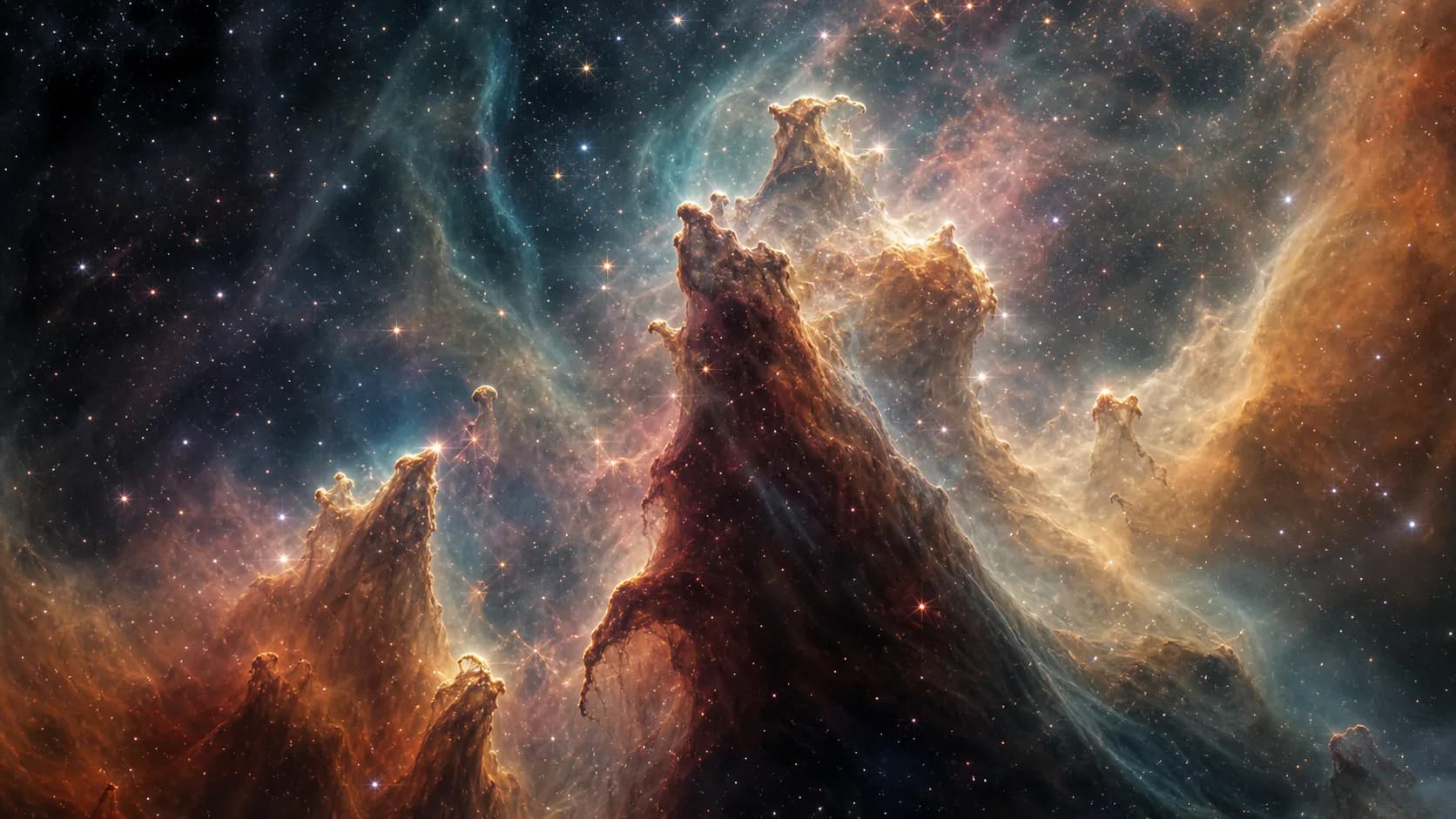 琥珀色や青緑色のガスと塵が柱状に広がり、その内部で新しい星が輝く星形成領域