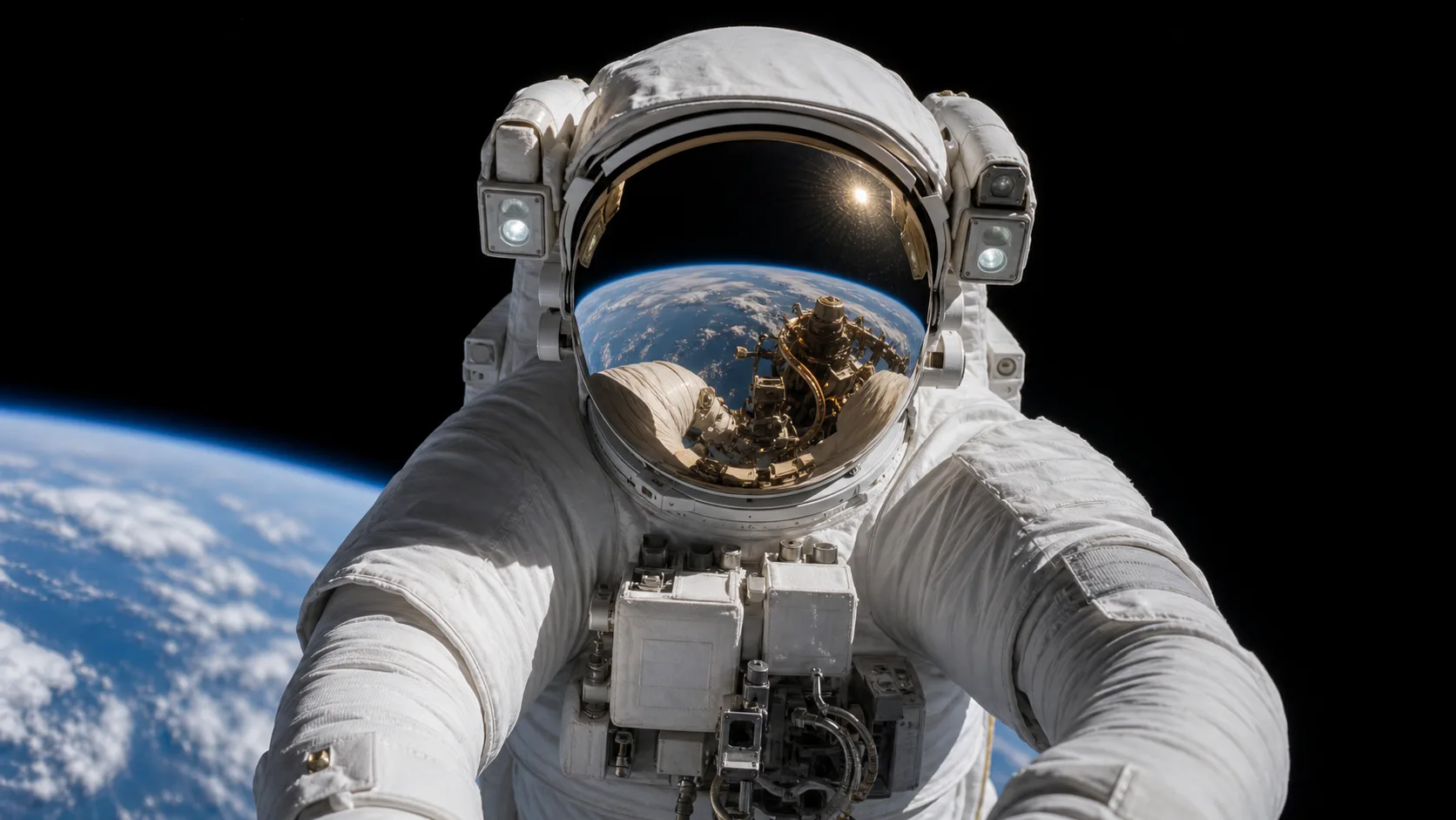地球を背に宇宙空間を漂い、金色のバイザーに地球が映る白い宇宙服の宇宙飛行士