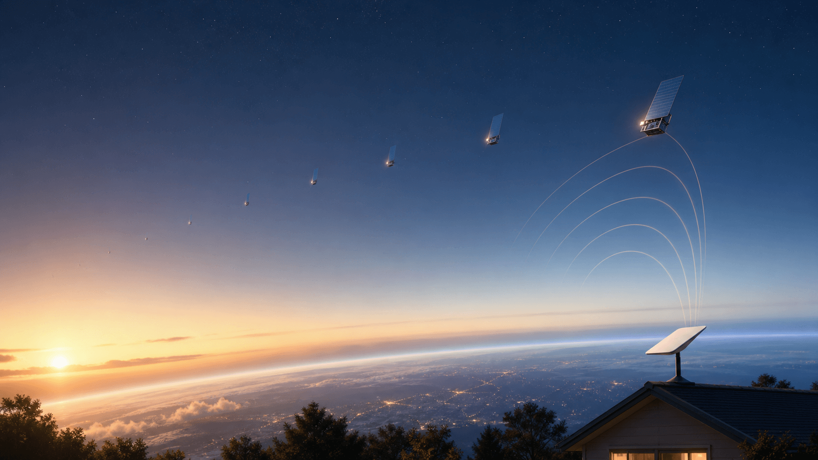 夜明け前の空と地球の曲面を背景に、スターリンク衛星が地上アンテナへ通信を届けるイメージ