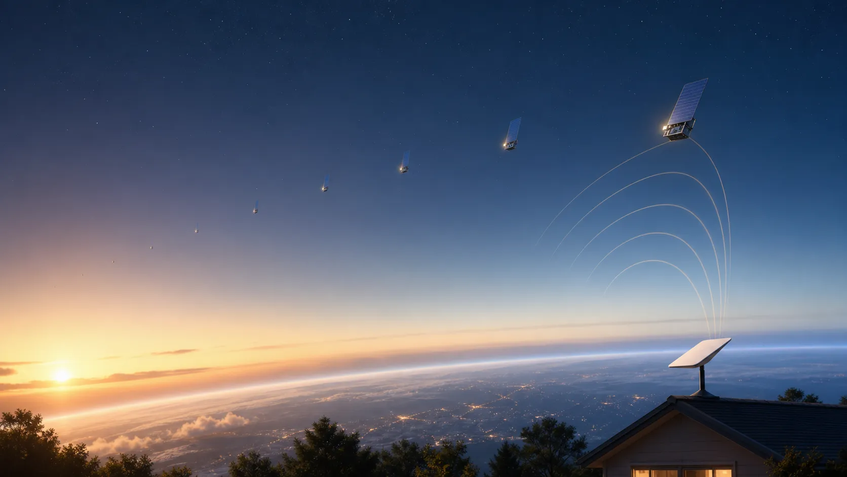 夜明け前の空と地球の曲面を背景に、スターリンク衛星が地上アンテナへ通信を届けるイメージ