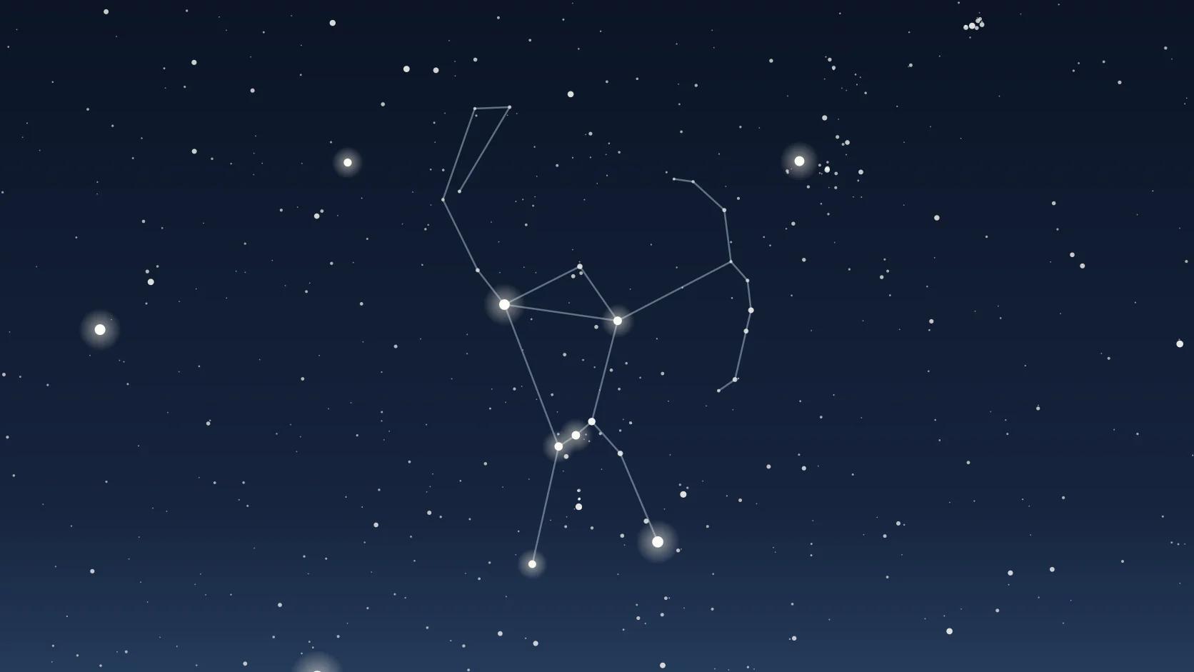 実際の星の位置データから描いた、紺色の夜空に浮かぶオリオン座と、星どうしを結ぶ細い星座線のイラスト